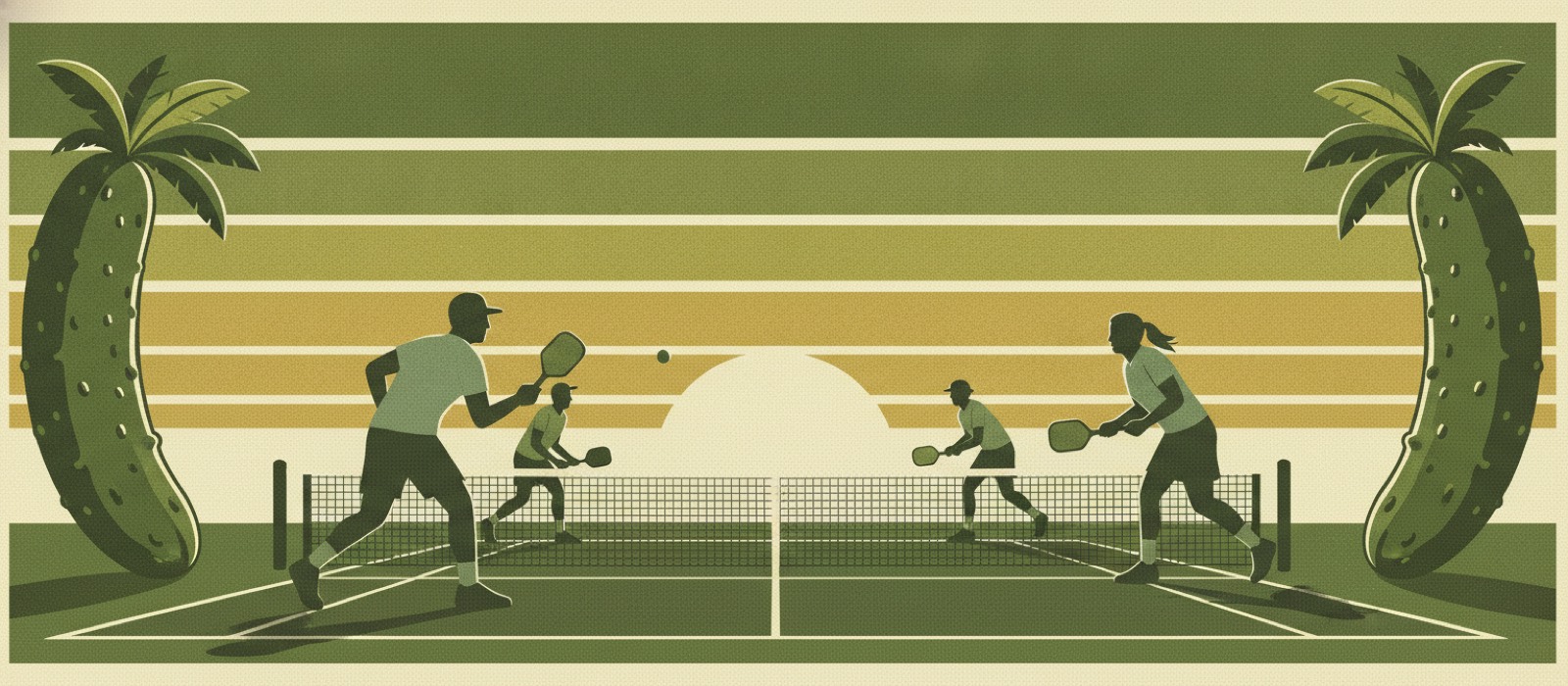 Retro illustration of four players on a pickleball court at sunset